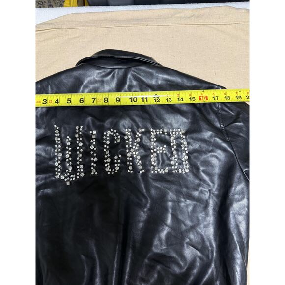 Wicked X Forever 21 Jacket Womens Small Black Faux Leather Bomber Rhinestone - Picture 15 of 16